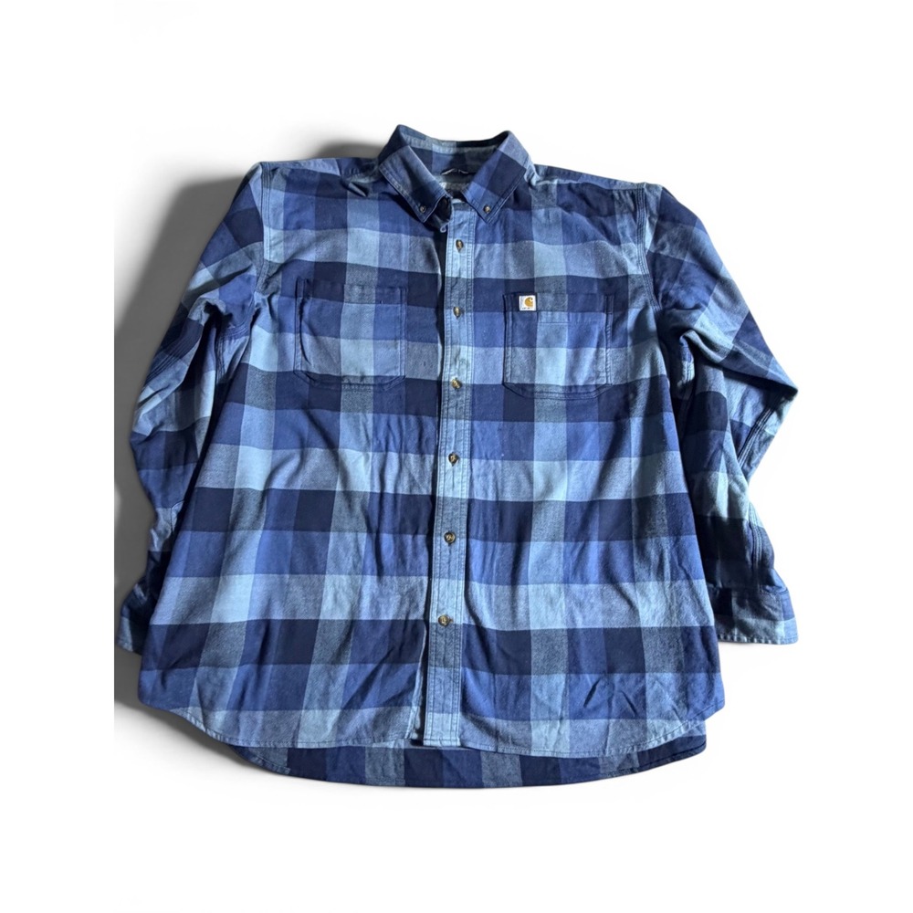 Carhartt Mens XL Relaxed Fit Blue Buffalo Plaid Flannel Button Down Shirt Pocket